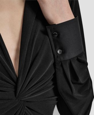 Petite Knot-Front Collared Long-Sleeve Top