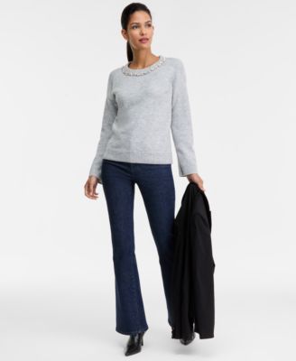 Women's Long-Sleeve Embellished-Neck Sweater