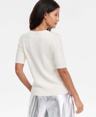 Women's Short-Sleeve Embellished-Neck Sweater, Macy's Exclusive