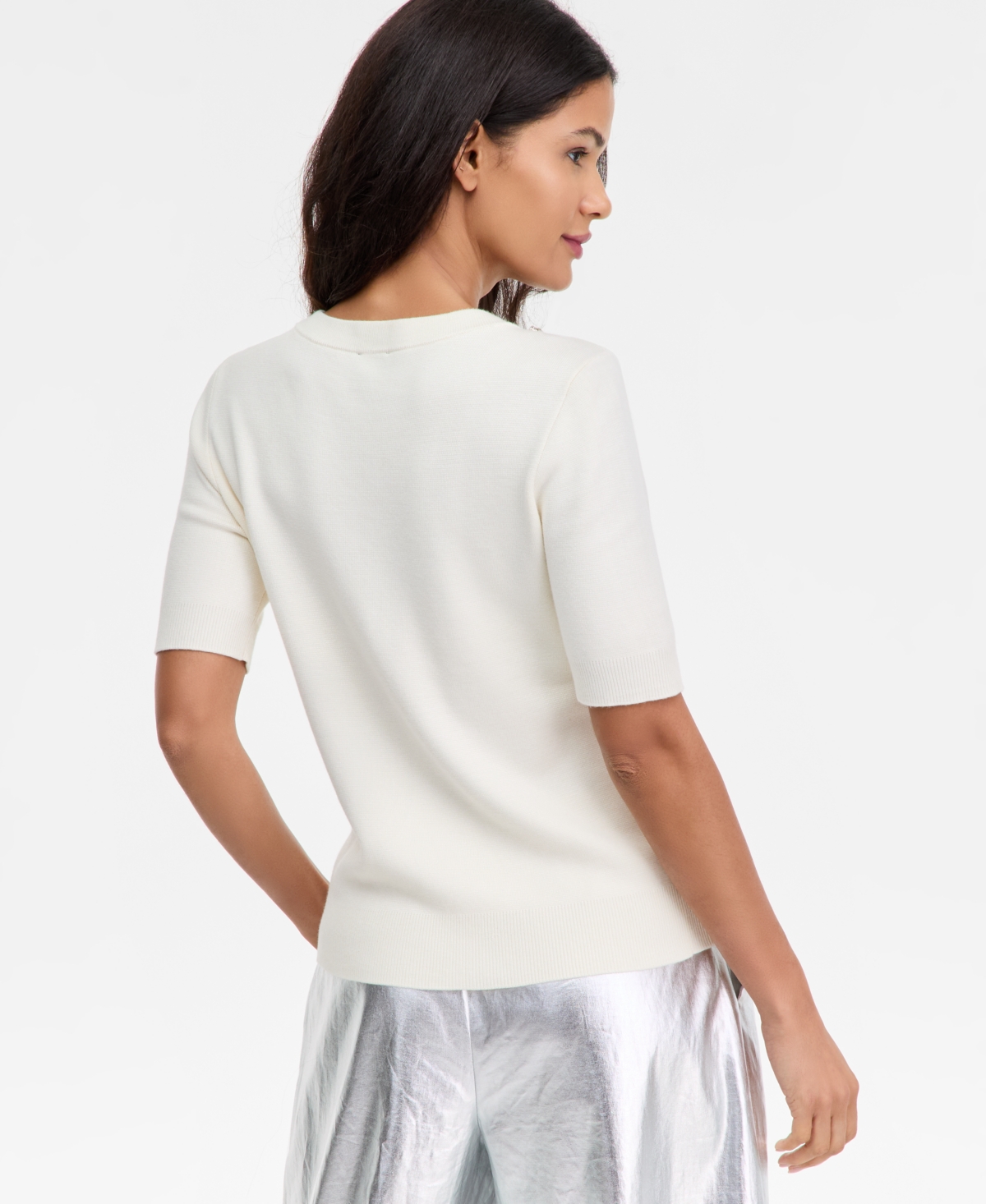 Inc International Concepts Women's Short-sleeve Embellished-neck Sweater, Macy's Exclusive In White