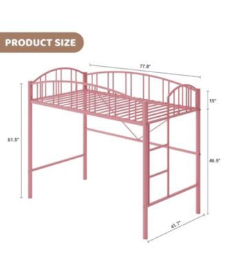 Loft Bed Twin Size, Heavy Duty Metal Loft Bed Frame with Arched Guardrail and Safety Ladder, Space-Saving, No Box Spring Needed, Pink