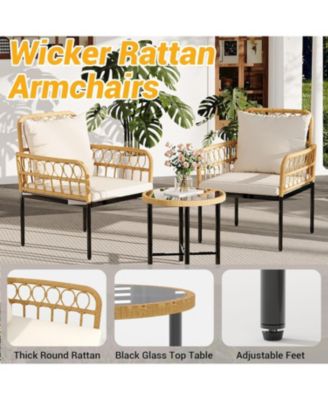3 Pieces Wicker Patio Bistro Sets Outdoor Conversation Sets with Glass Top Side Table and 2 Modern Rattan Chairs, Patio Furniture Set for Apartment, Backyard, Porch, Balcony, Lawn (Beige)