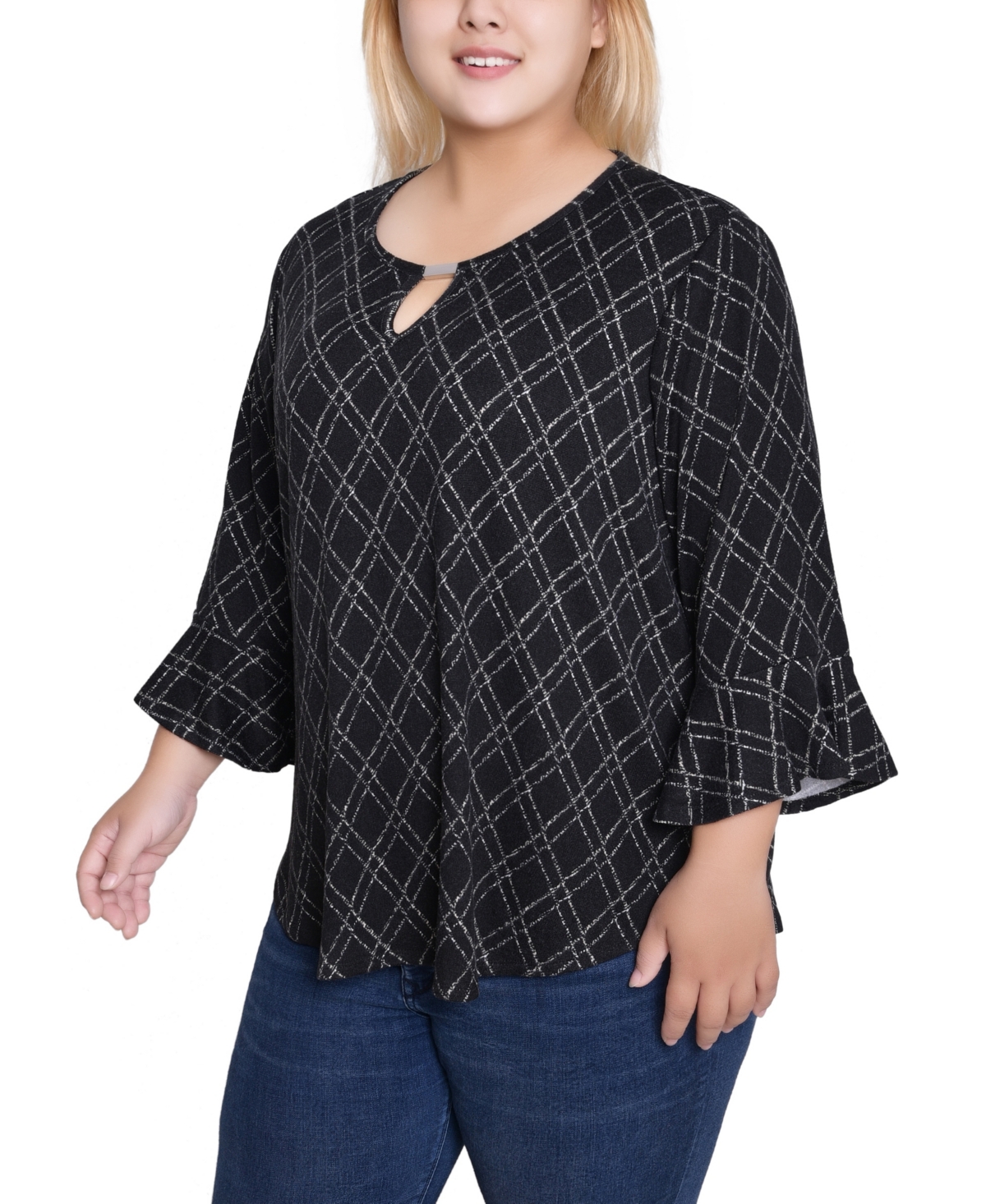 Ny Collection Plus Size 3/4 Bell Sleeve Top In Black