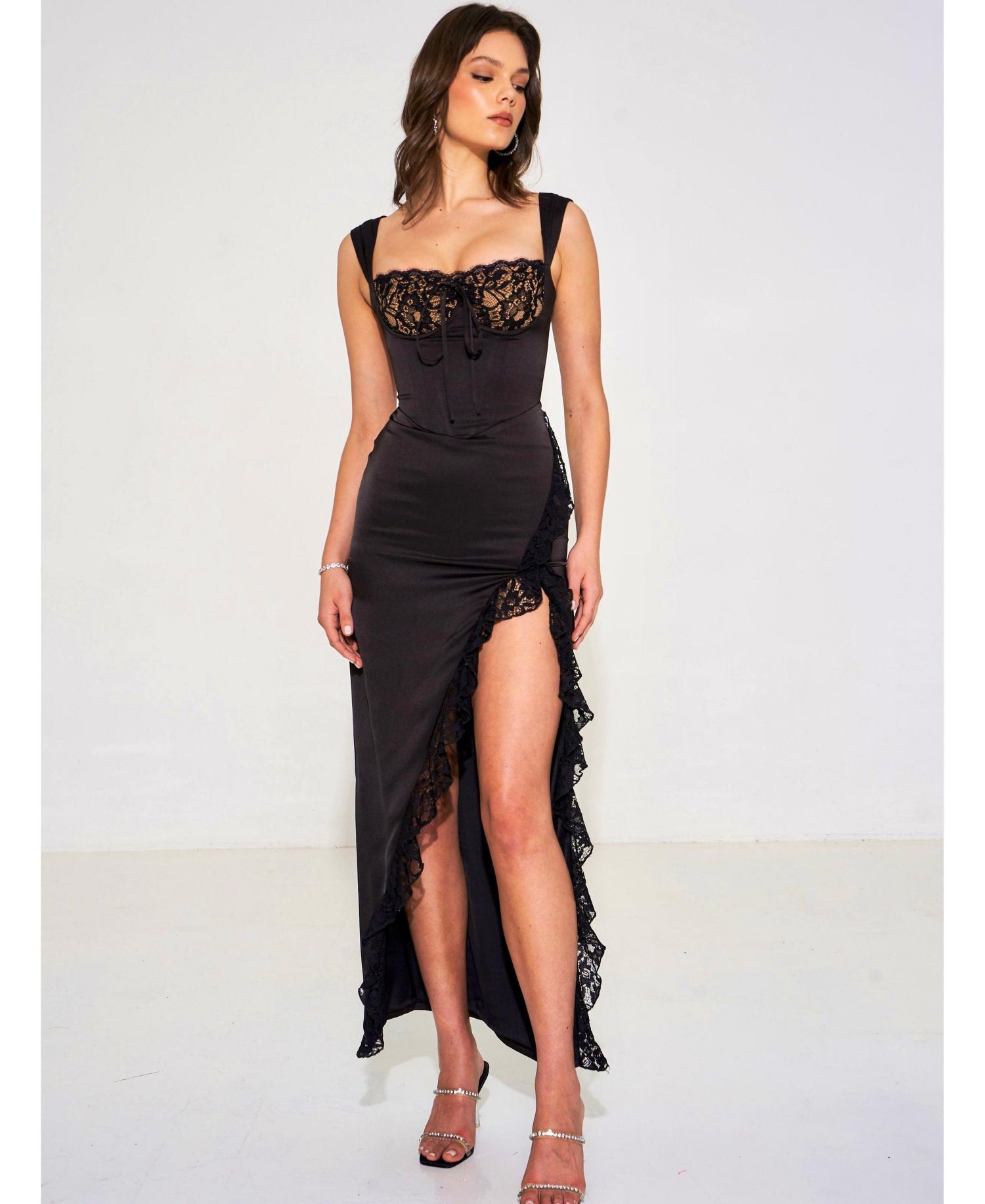 Women's Freddie Black Lace Satin Maxi Corset Dress