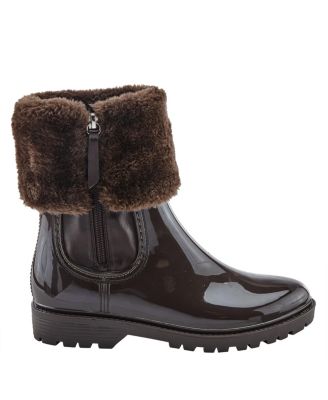 Wellies Faux Fur Trim Waterproof Rain Boot with Zipper and Padded Insole
