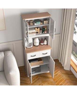 Wooden Kitchen Pantry Cabinet with Glass Doors and Storage Drawer