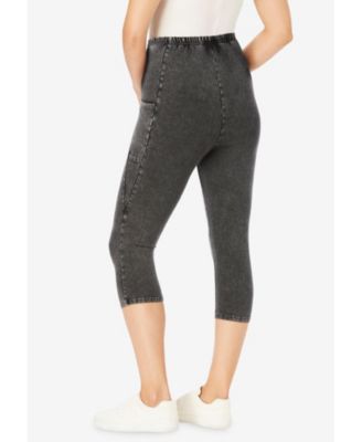 Women's Plus Size Stretch-Cotton Knit Pull-On Pocket Capri Leggings
