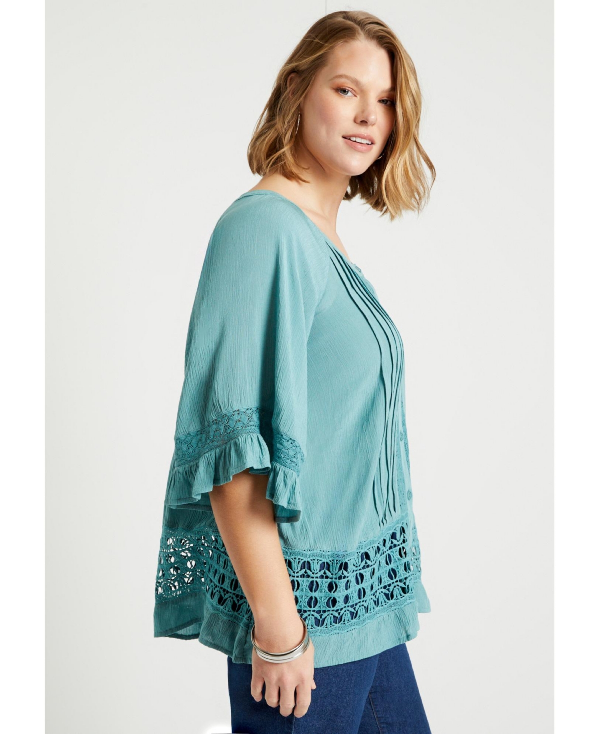 June + Vie Women's Plus Lace-Trimmed Boho Blouse