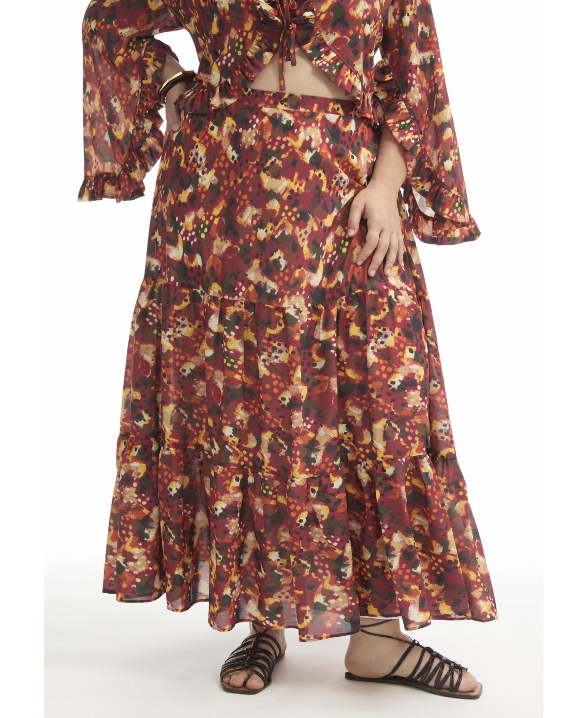 June + Vie Women's Plus Tiered Printed Maxi Skirt