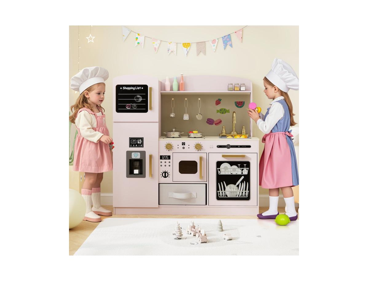 Wooden Kids Kitchen Playset with Chalkboard, Ice Maker & Microwave – Pink