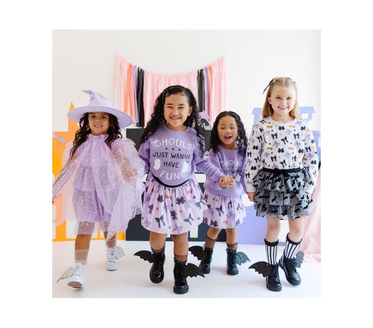 Little and Big Girls Flocked Bats Halloween Bow Tiered Tutu Skirt