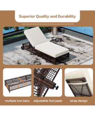 - Set of 2 Adjustable Rattan Pool Lounge Chairs with Wheels - Brown