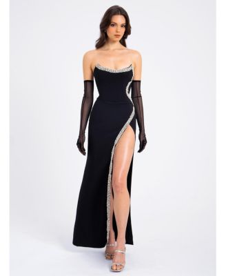 Women Xoana Black Crystal Embellished High Slit Gown