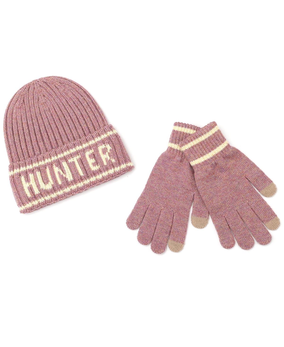 Hunter Metallic Rib Logo Cuff Beanie And Gloves Boxed Gift Set In Pink