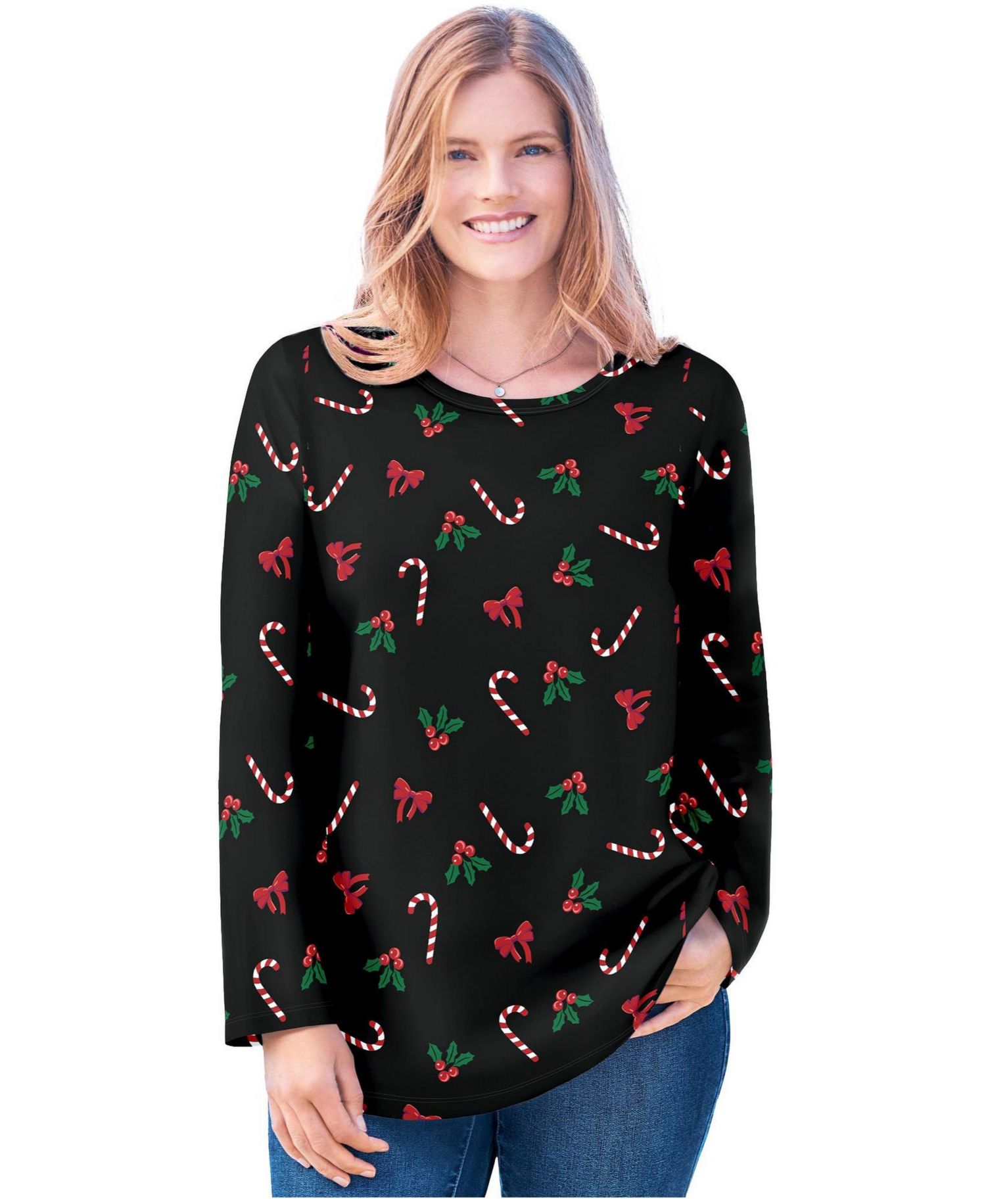 Plus Size Perfect Printed Long-Sleeve Crewneck Tee
