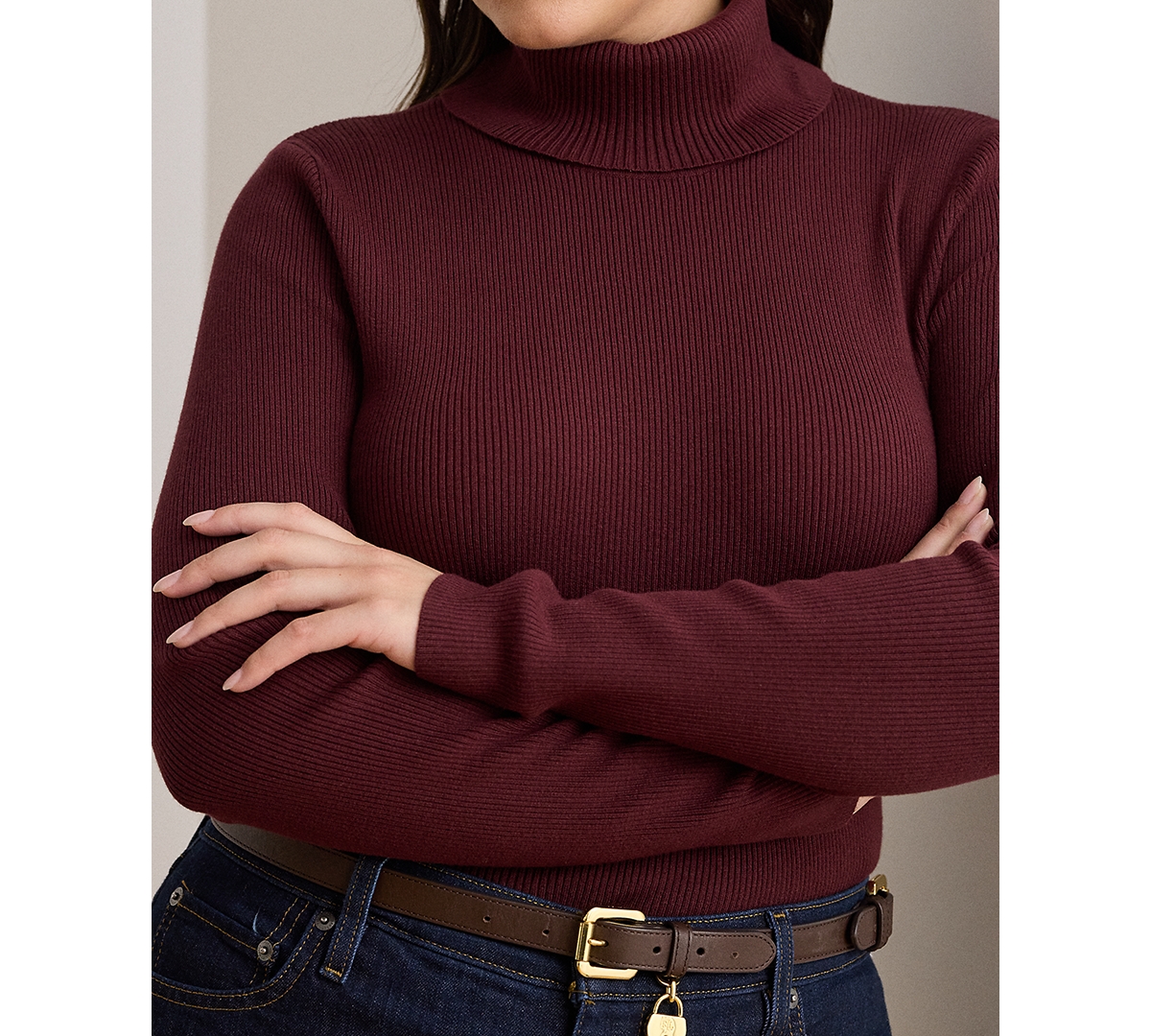 Ralph Lauren Plus Size Ribbed Turtleneck Sweater In Burgundy