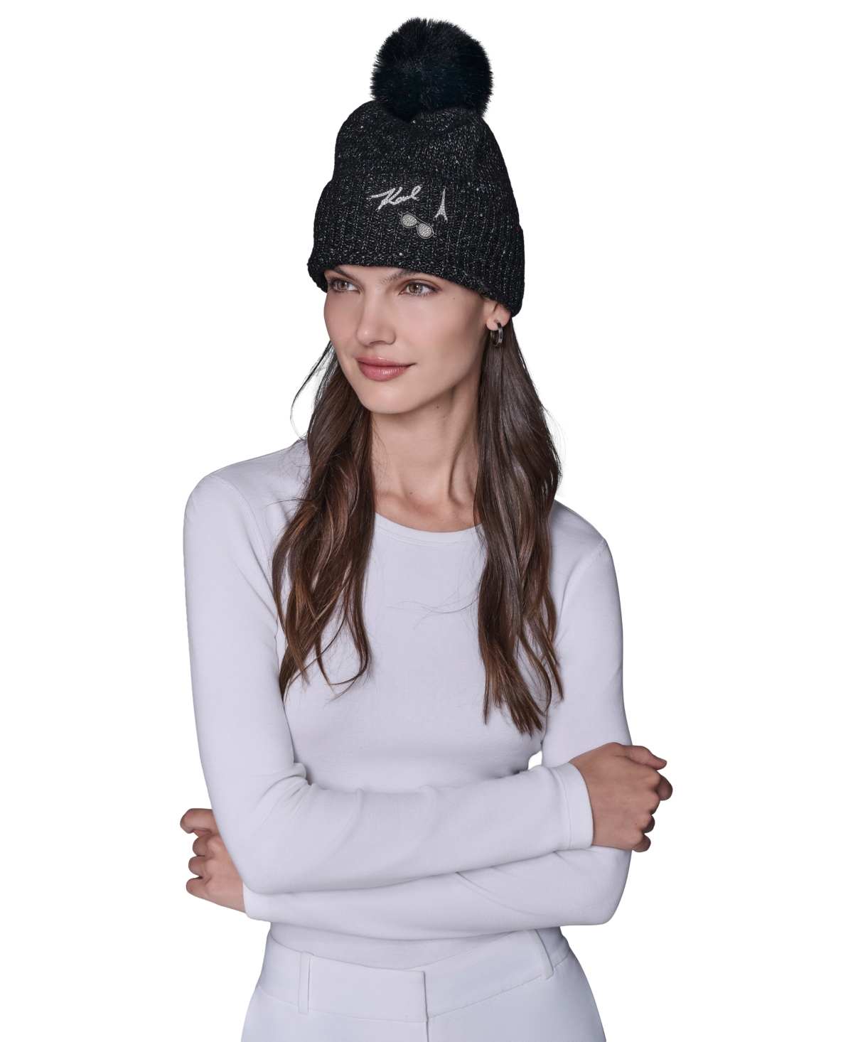Karl Lagerfeld Women's Pom Pom Detail Beanie In Black