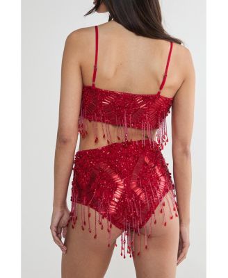 Women's Embellished Tassel Beaded Crop Top