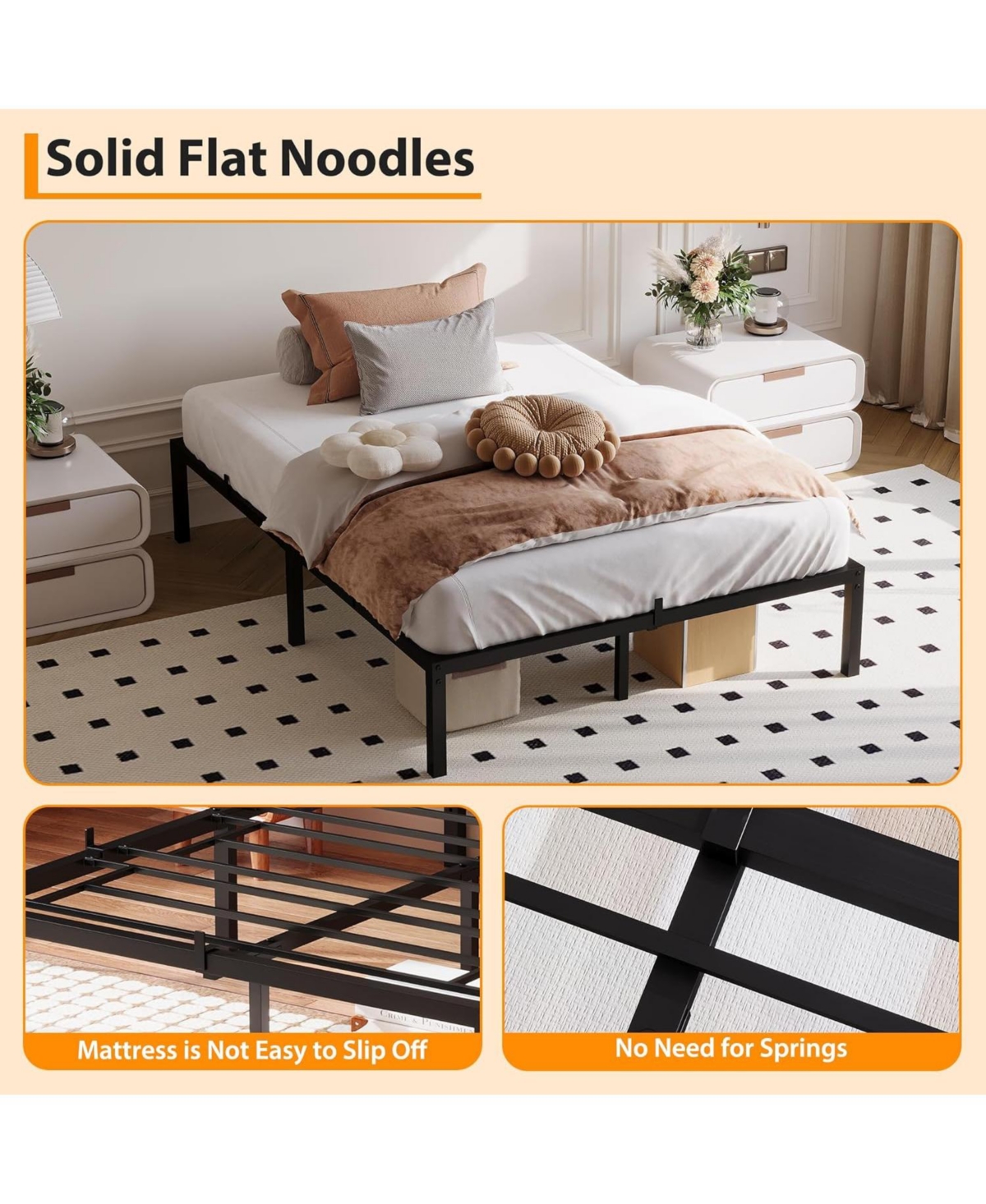 14 Inch Metal Full Bed Frame with Rounded Corner, Heavy Duty Non-Slip Bed Frame with Steel Slats, No Box Spring Required Noise-Free Easy Assembly, 9-L