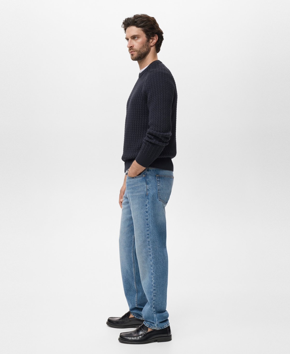Mango Cabled Cotton Crewneck Sweater In Blue