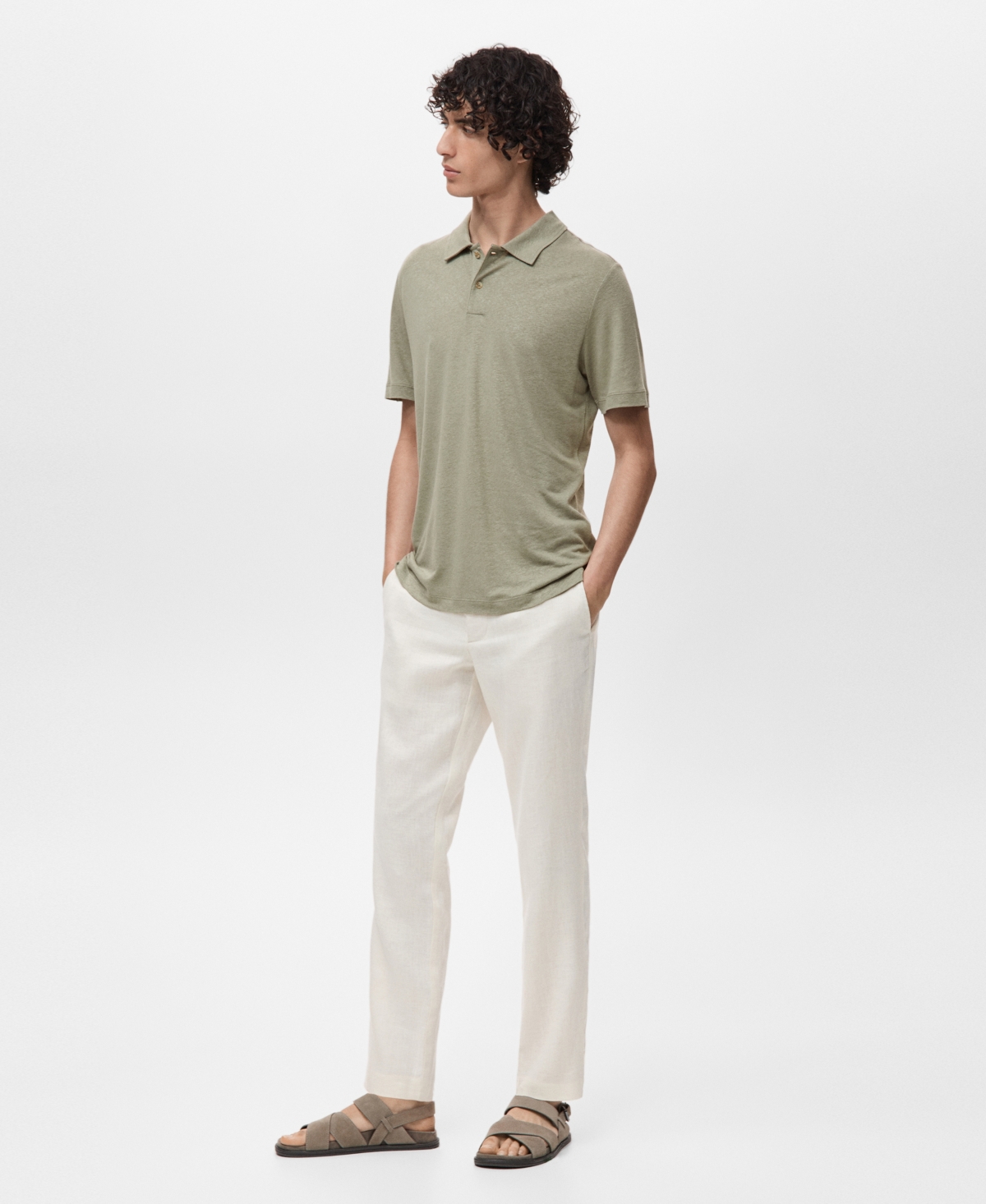 Mango Slim Fit Linen Blend Jersey Polo In Green