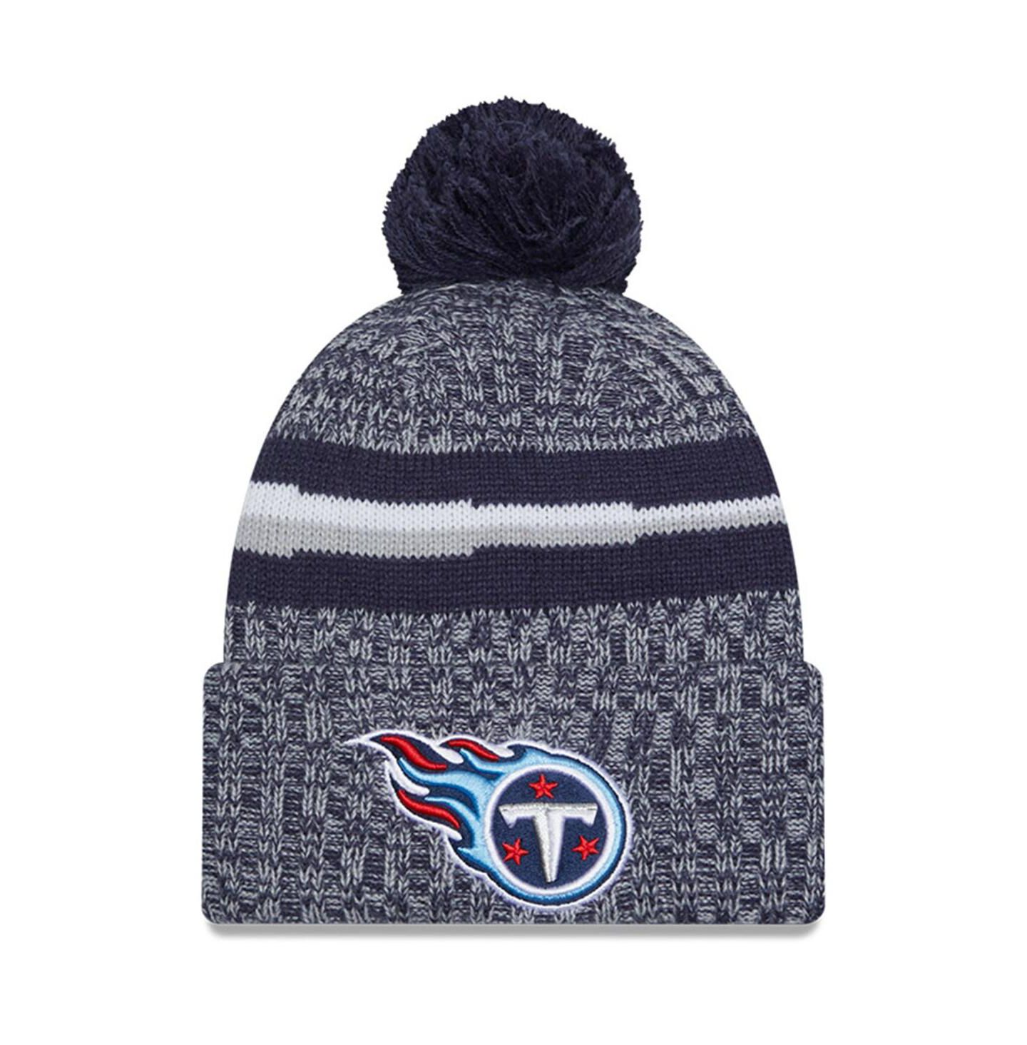 Мужская шапка New Era Navy Tennessee Titans 2023 Sideline Pom with Cuffed Knit Hat — фото 1