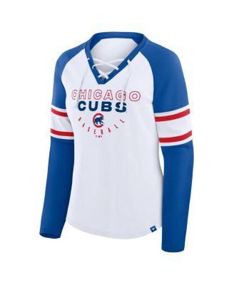 Women's White/Royal Chicago Cubs Blitz Package Raglan Lace-Up V-Neck Long Sleeve T-Shirt