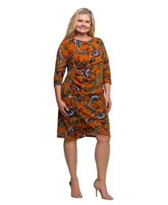 Plus Size Elbow Sleeve Ruched Tulip Fall Print Mini Dress