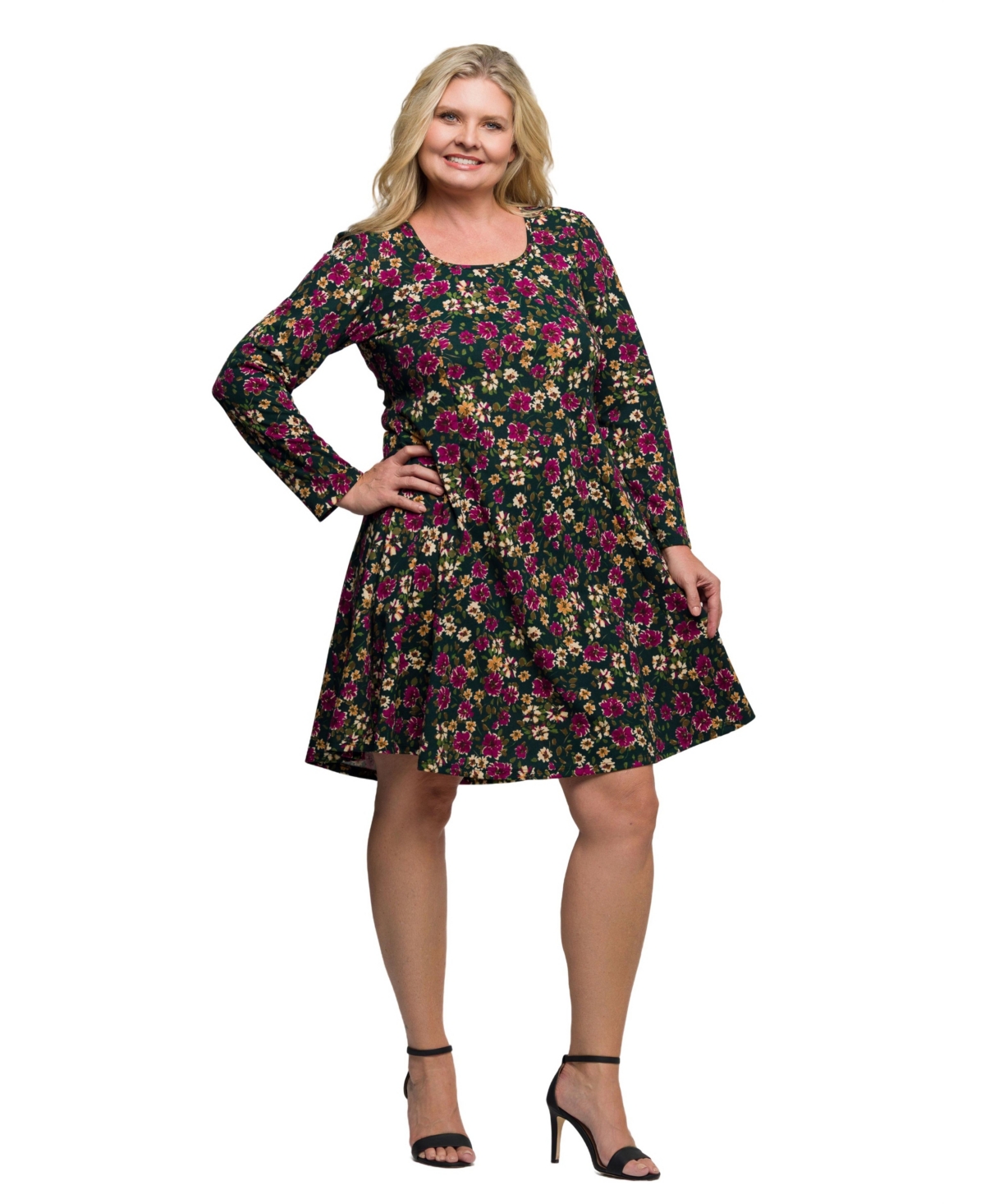 24seven Comfort Apparel Plus Size Floral Print Long Sleeve Fit And Flare Mini Dress In Multi