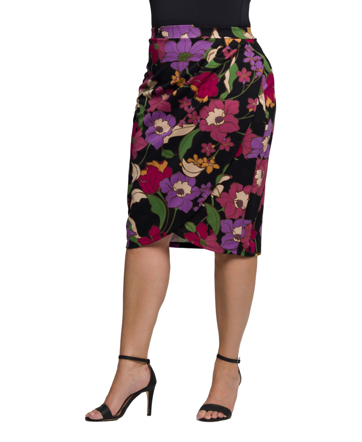 24seven Comfort Apparel Plus Size Black Multi Floral Print Midi Pencil Skirt In Multi
