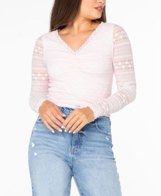 Juniors' Long-Sleeve Lace V-Neck Top