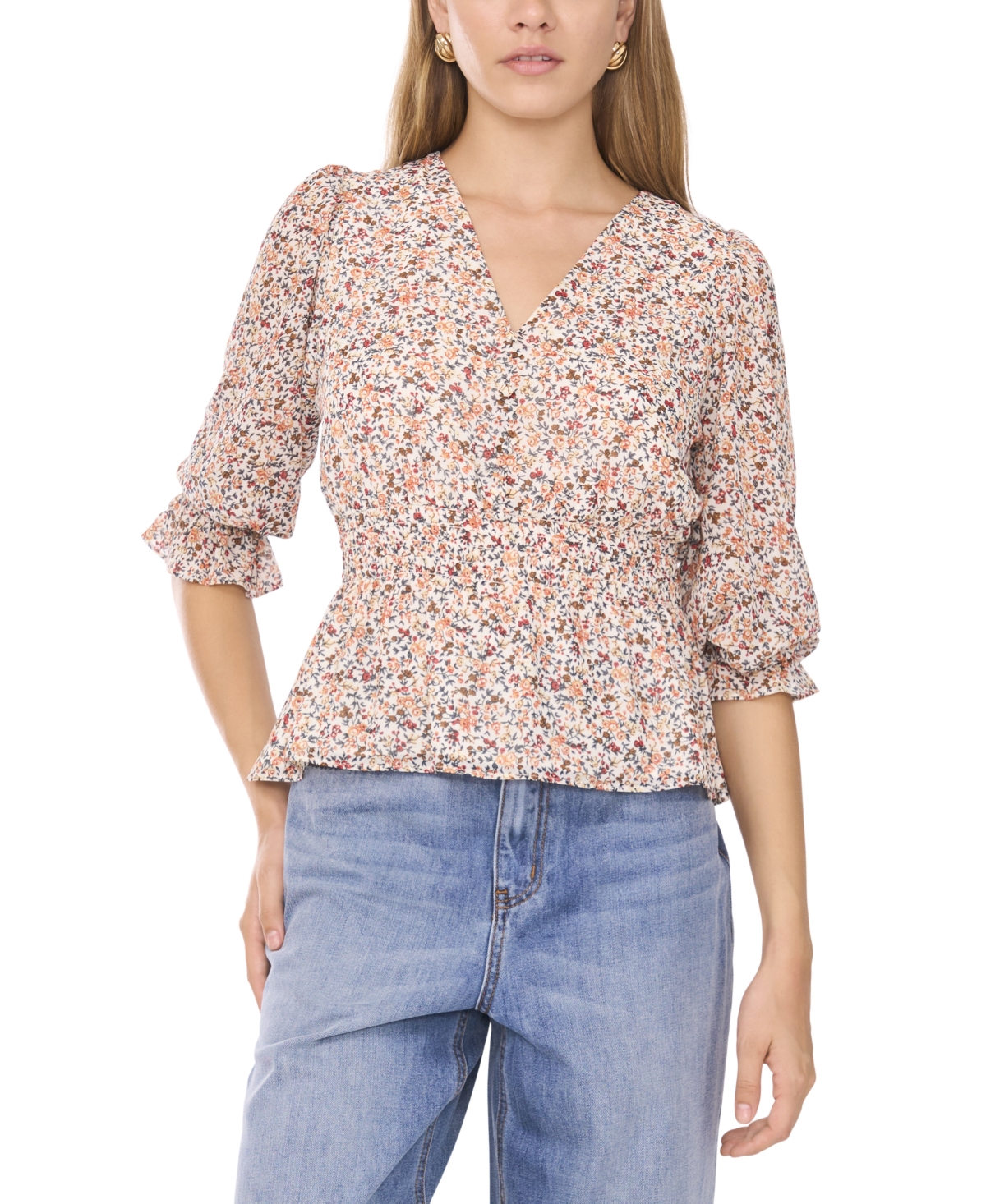 1.state Women's Smocked Waist 3/4-Sleeve Button Down Blouse