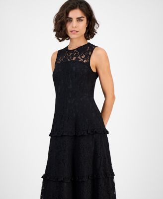 Women's Round-Neck Tiered Lace Midi Dress