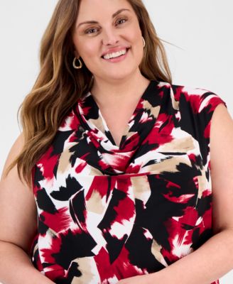Plus Size Printed Cap-Sleeve Cowlneck Top