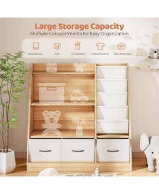 Wooden Kids Storage Organizer Shelf with Book Rack and Fabric Bins