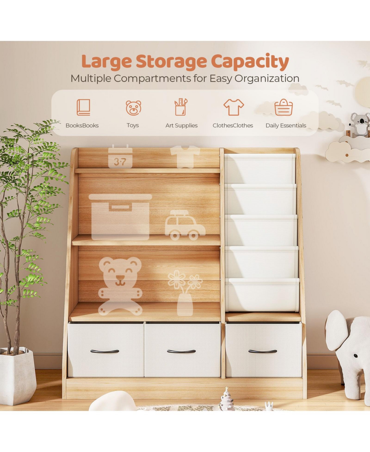 Wooden Kids Storage Organizer Shelf with Book Rack and Fabric Bins