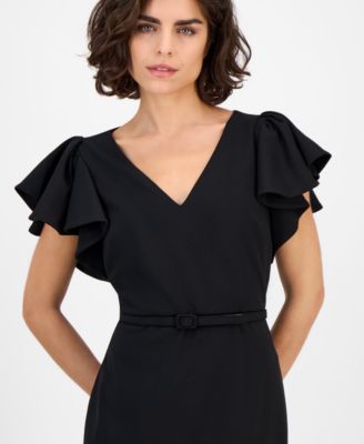 Women's V-Neck Ruffle-Sleeve Sheath Dress