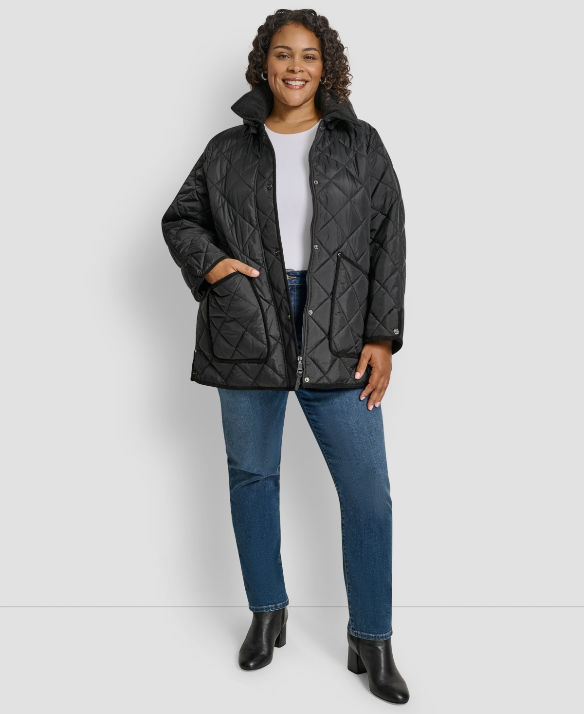 Dkny Plus Size Hooded Quilted Coat In Black