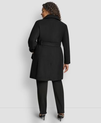 Plus Size Belted Zip-Up Wool Coat