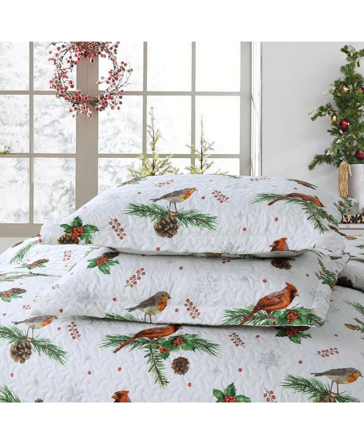 MarCielo 3 Pcs Winter Cardinals Christmas Quilt Bedspread Set C79