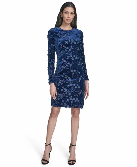 Petite Jewel Neck Long Sleeve Velvet Cocktail Dress - Navy