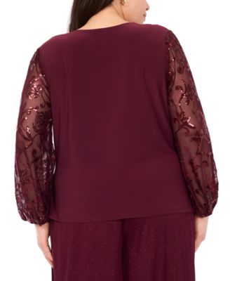 Plus Size Mixed Media Surplice Sequin Top