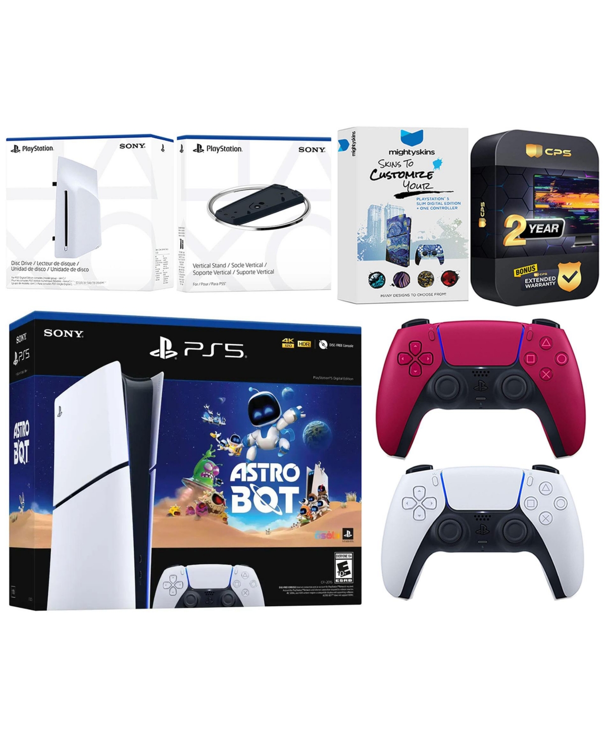 Sony PlayStation 5 Astro Bot Slim Digital Bundle with Disc Drive, Extra Controller, Vertical Stand, MightySkins Voucher and 2 Year Extended Warranty -
