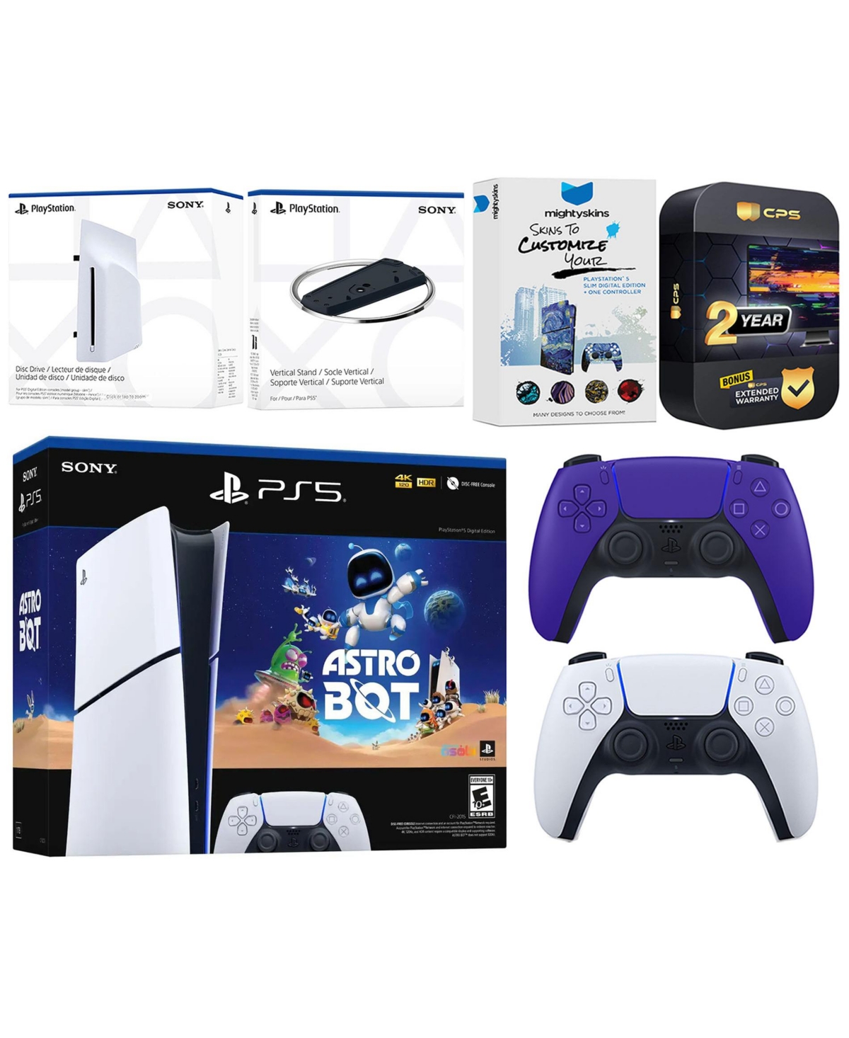 Sony PlayStation 5 Astro Bot Slim Digital Bundle with Disc Drive, Extra Controller, Vertical Stand, MightySkins Voucher and 2 Year Extended Warranty -