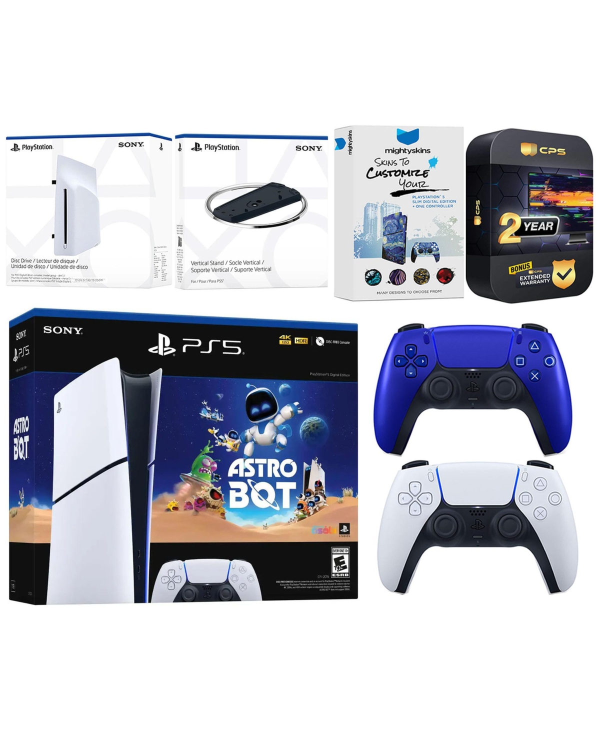 Sony PlayStation 5 Astro Bot Slim Digital Bundle with Disc Drive, Extra Controller, Vertical Stand, MightySkins Voucher and 2 Year Extended Warranty -