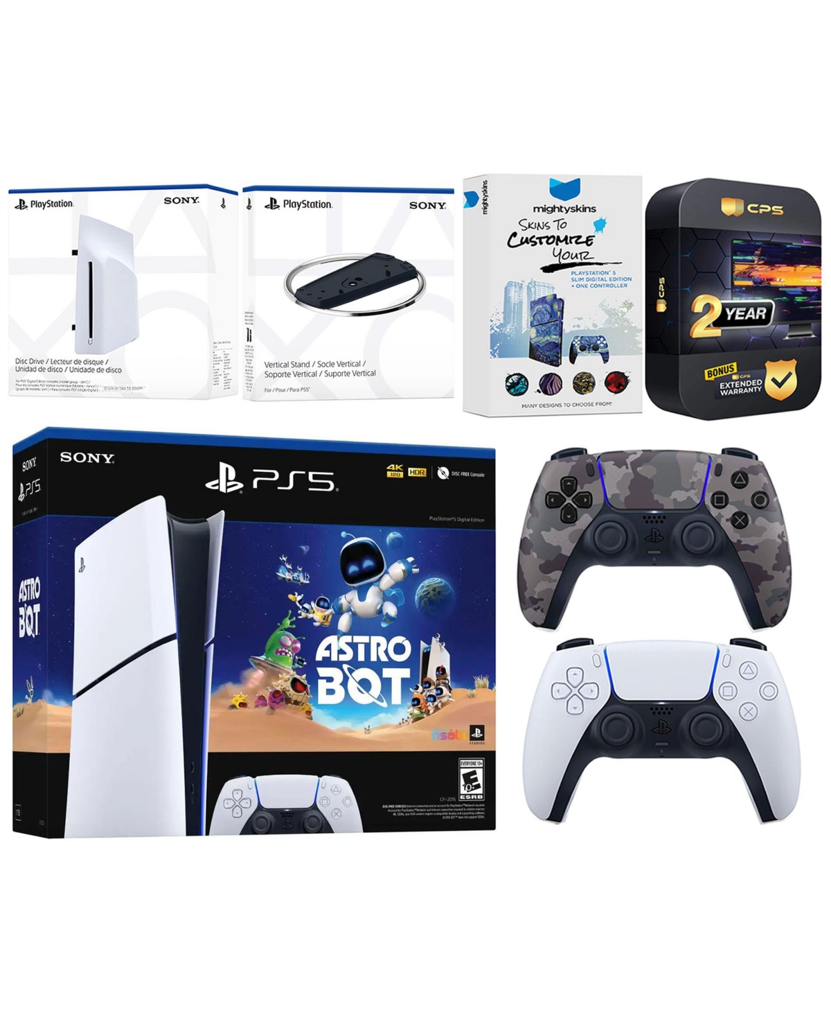 Sony PlayStation 5 Astro Bot Slim Digital Bundle with Disc Drive, Extra Controller, Vertical Stand, MightySkins Voucher and 2 Year Extended Warranty -