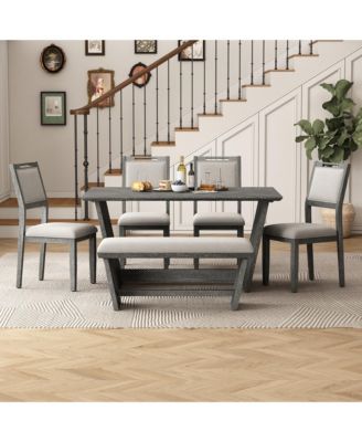 6-piece Retro Farmhouse Style Dining Set, Rectangular Table and 4 Upholstered Chairs with Rattan and Bench for Dining Room and Kitchen