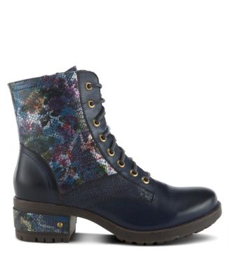 L Artiste Women s MARTY-MET Lace-Up Floral Metallic Boots with Faux Snakeskin Texture and Embossed Heel