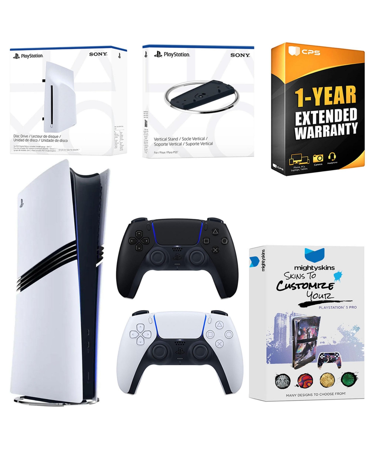 Sony PlayStation 5 Pro Digital Bundle with Disc Drive, Extra Controller, Vertical Stand, MightySkins Voucher and 1 Year Extended Warranty - Black