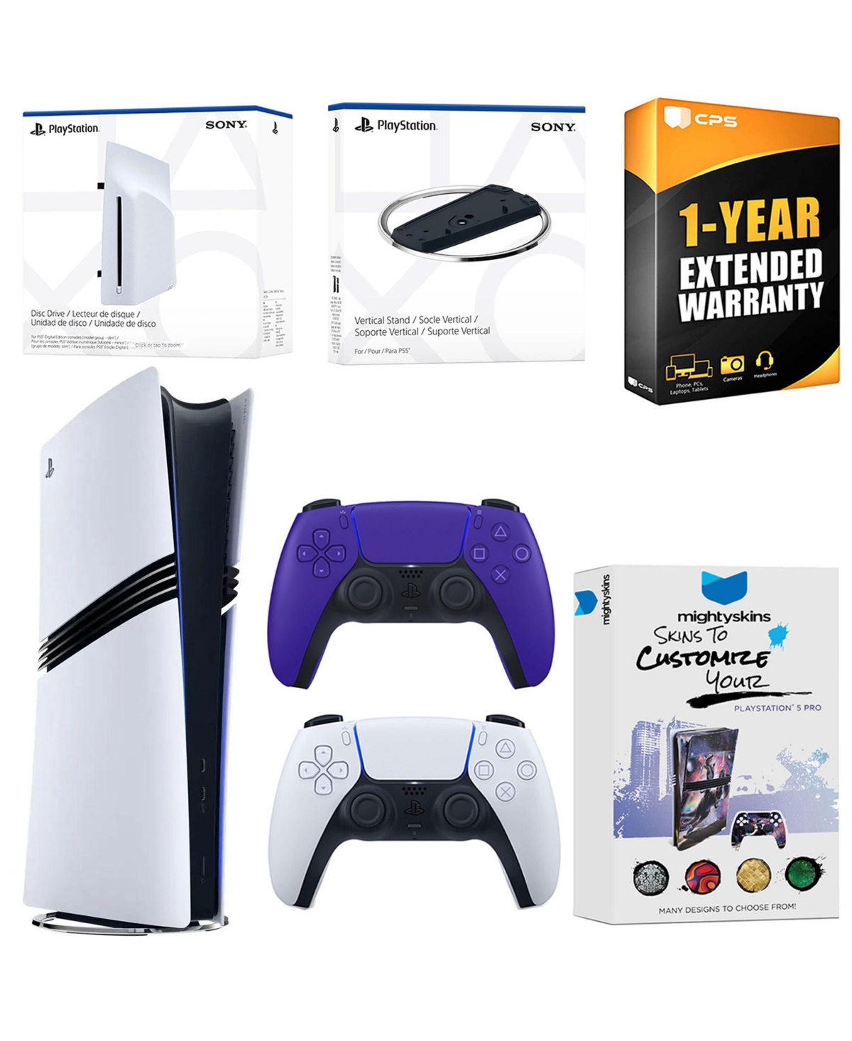 Sony PlayStation 5 Pro Digital Bundle with Disc Drive, Extra Controller, Vertical Stand, MightySkins Voucher and 1 Year Extended Warranty - Galactic p